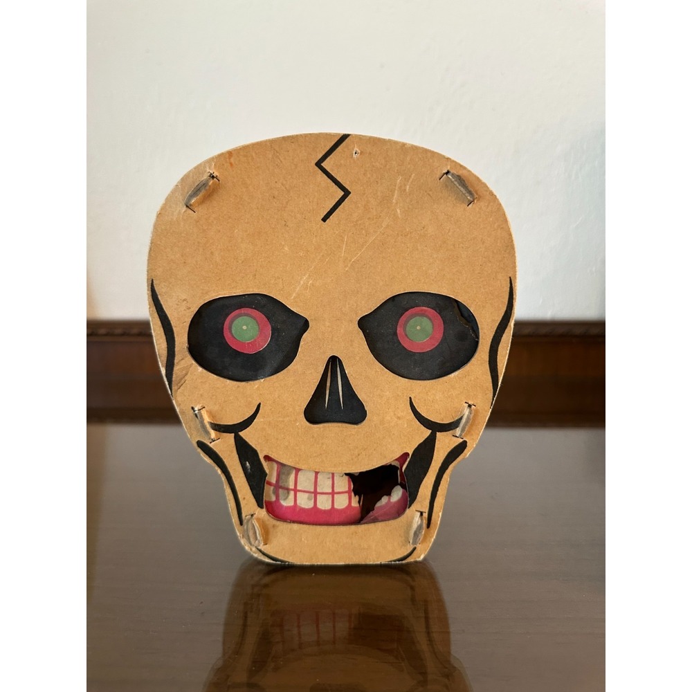 1936-1950's Antique Vintage Halloween 2-Sided Skull Lantern Decor Dolly Toy READ